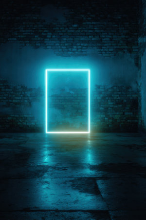 A turquoise neon frame emits a soft glow in a dark room, casting reflections on a textured brick surface. The cinematic design creates a realistic and immersive atmosphere.の素材