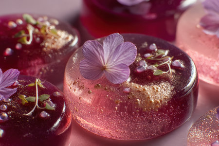 Close-up of transparent ravioli made with agar-agar, filled with beet mousse, and adorned with delicate flowers and microherbs, showcasing exquisite culinary artistry.の素材
