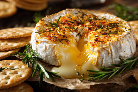Close-up image of a baked camembert cheese with a golden crust, cut open and oozing. Surrounded by crackers and fresh rosemary sprigs on a rustic wooden background.の素材