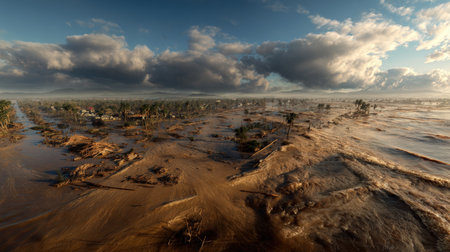 Aerial panorama capturing flood devastation with muddy currents and scattered debris. Dramatic lighting highlights realistic textures, showcasing the power of natural disasters.の素材