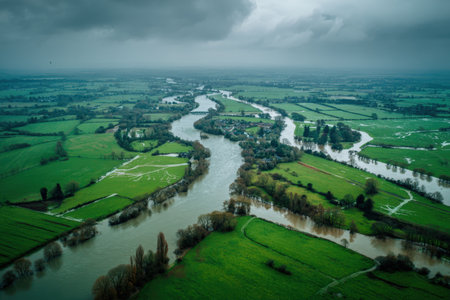 Aerial drone image capturing a swollen river flooding lush green farmland under an overcast sky, highlighting the impact of climate change with a cinematic tone.の素材