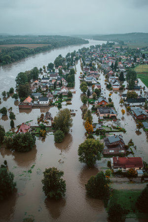 Aerial photograph capturing a town submerged in floodwaters after heavy rainfall. The overcast sky reflects on the water, highlighting the environmental crisis and impact on the community.の素材