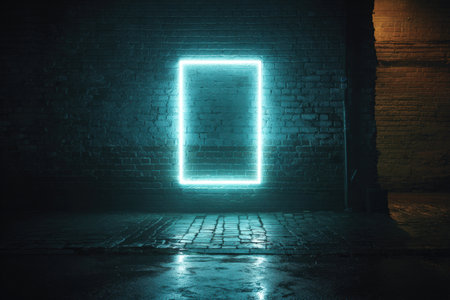 A glowing cyan neon frame illuminates a brick wall, creating a moody, cinematic atmosphere with soft reflections. This modern cyber aesthetic evokes a futuristic, urban vibe.の素材