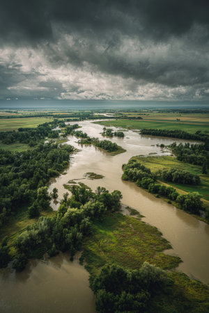 Aerial photograph capturing a floodplain where muddy waters merge with vibrant greenery. The dramatic atmosphere is enhanced by overcast skies, showcasing photojournalistic realism.の素材