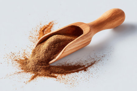 A wooden spice scoop filled with cinnamon powder is elegantly placed on a white background. The image captures a warm and earthy aesthetic with light fall-off.の素材
