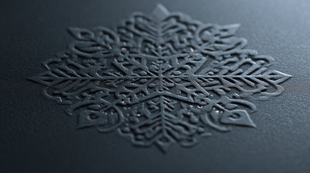 A detailed embossed snowflake lattice design on matte graphite paper, highlighted by grazing side light. The image features restrained film grain and luxurious minimal negative space.の素材