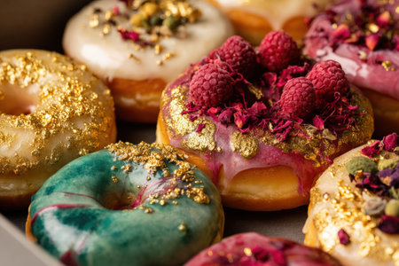 A close-up image of gourmet donuts featuring creative toppings like matcha glaze, freeze-dried raspberries, and edible gold, beautifully arranged in a box.の素材