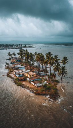 Aerial documentary photo capturing a flooded coastal settlement with palm trees standing in brown water. The dramatic cloudy atmosphere highlights the impact of natural disasters.の素材