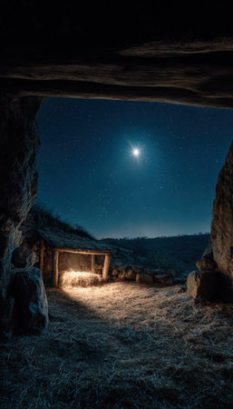 A rustic manger illuminated by gentle moonlight inside a cave, with a bright star shining in the night sky, creating a serene and spiritual atmosphere.の素材