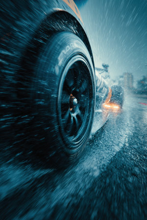 A racing tire spins on a wet track, captured mid-action with motion blur. The intense scene highlights the dynamic nature of motorsport under rainy conditions.の素材
