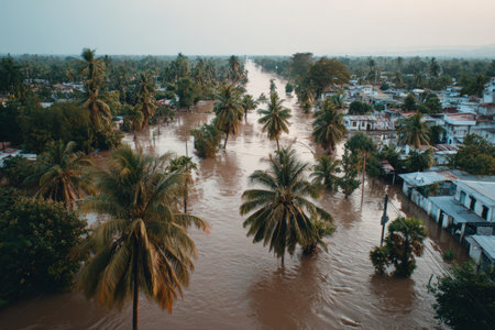Aerial view of a tropical town flooded by a muddy brown river. Streets and houses are submerged, with palm trees partially underwater under an overcast sky, creating a cinematic scene.の素材