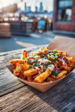Close-up of crispy loaded fries topped with melted cheese, jalapenos, and herbs in a paper tray. Served on a rustic wooden table outdoors with a blurred urban background.の素材