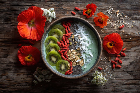 A colorful flat lay of a smoothie bowl topped with goji berries, chia seeds, kiwi slices, coconut flakes, and edible flowers, styled on a rustic wooden background.の素材