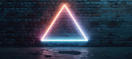 A minimalist geometric neon triangle glows on a brick wall, creating a cinematic night ambiance with atmospheric lighting. The composition highlights modern design elements.の素材