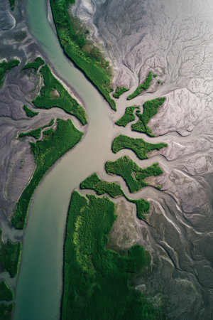 Aerial view of a river delta showing flooding over farmland. The image captures intricate water channels and muddy currents, highlighting environmental changes and natural patterns.の素材