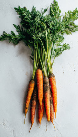 A vertical arrangement of fresh carrots with leafy tops, slightly dusty, placed on a solid white background. The natural lighting highlights the vibrant colors and textures.の素材