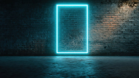 A bright cyan neon light frame illuminates a textured brick wall, creating a cinematic urban night atmosphere with soft shadows and contrast. Perfect for modern design concepts.の素材