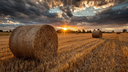 Large round hay bales rest on a golden wheat field under a dramatic sky with sun rays breaking through clouds at sunset. The warm evening light creates a cinematic rural landscape.の素材