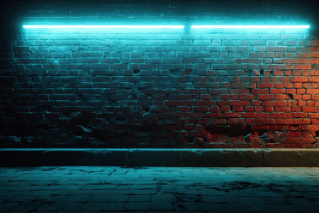 Cyan neon illumination casts a soft glow on a red brick wall, creating a cinematic urban night atmosphere. The vibrant contrast highlights the texture of the bricks.の素材
