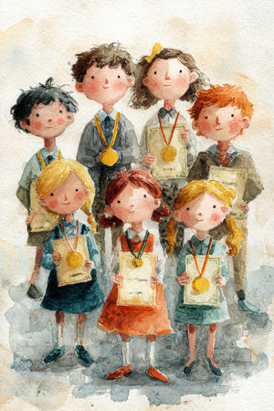 Charming watercolor-style illustration depicting children holding medals and certificates. The artwork features soft edges and light tones, symbolizing educational achievement.の素材