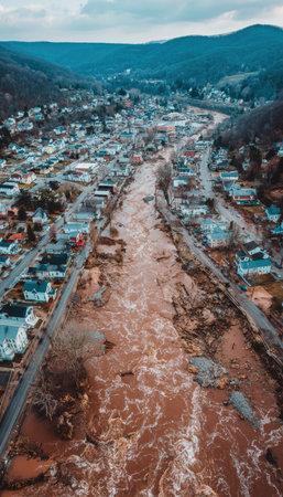 Wide aerial shot capturing a river flooding through a small town, with brown turbulent water and damaged roads. The image highlights the impact of natural disasters on infrastructure.の素材