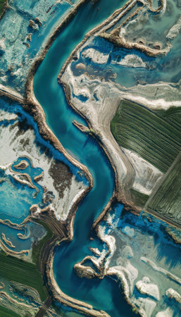 Aerial photograph showcasing floodwaters covering farmland, forming intricate abstract patterns with water and soil. The image captures the unique textures and shapes from above.の素材