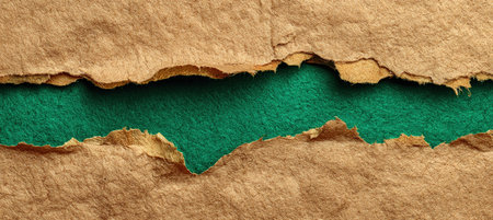 Ultra-wide banner featuring a kraft paper tear revealing a deep emerald background. Visible fibers add texture, creating a bold central lane ideal for promotional content.の素材