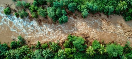 Aerial photograph capturing a river overflow with brown water cutting through lush tropical forest vegetation, illustrating a realistic natural disaster scene.の素材