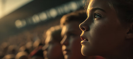 A close-up image captures the anxious and hopeful expressions of an athlete's family in the audience, with a glowing track in the background, creating a cinematic storytelling effect.の素材