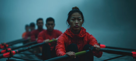 A mixed-gender rowing crew with an Asian female coxswain in a red outfit rows through a foggy river. The team displays determined expressions, creating a moody and dramatic atmosphere.の素材