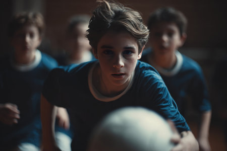 A young boy intensely dribbles a soccer ball through teammates, showcasing dynamic movement and expression. The shallow depth of field adds a cinematic storytelling element.の素材
