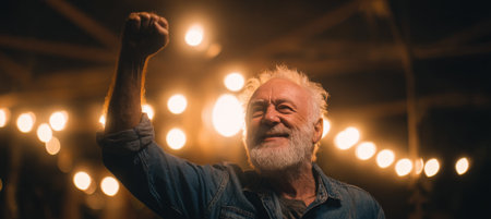 Cinematic portrait of an elderly man in a denim shirt, smiling broadly and raising his fist under glowing pub lights. The warm background adds a storytelling tone to the image.の素材