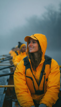 A female coxswain in a yellow outfit leads her rowing team through early morning fog. The image captures a calm mood with diffuse light, focusing on her emotional expression.の素材
