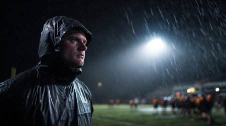 A coach in a black rain jacket observes a night practice under stadium lights. The wet grass reflects the intense, cinematic sports lighting, creating a dramatic atmosphere.の素材