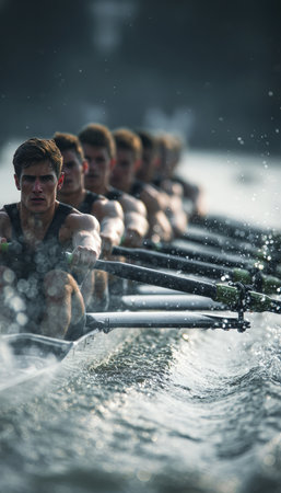 A rowing team competes fiercely, showcasing intense expressions and splashing waves. The rival crew is visible in the background, capturing the high-speed action and documentary realism.の素材