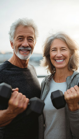 Happy silver-haired man and woman holding weights, smiling in a warm daylight setting with a soft focus background, conveying health and vitality in a cinematic portrait.の素材