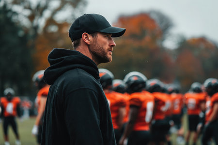 A football coach in a black hoodie and cap watches his team practice. Players wear orange and black uniforms, set against a backdrop of autumn trees in a cinematic style.の素材