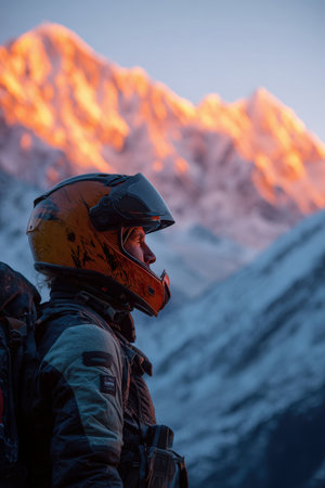 A biker pauses to admire the sunrise over snow-covered peaks, with a warm orange glow reflecting on their helmet and gear, capturing a sense of travel and adventure.の素材