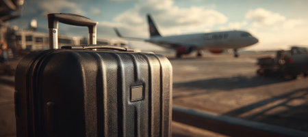 A sleek suitcase in sharp focus with a blurred airplane in the background, captured in natural lighting. The image conveys a modern travel theme with a storytelling tone.の素材