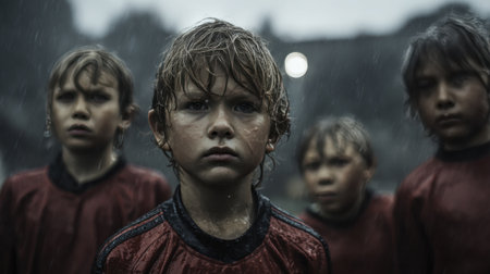 Young soccer players stand determined on a muddy field under pouring rain. Their wet jerseys cling as they face the challenge with focus, creating a cinematic sports atmosphere.の素材