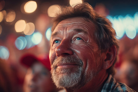 Close-up portrait of a joyful senior fan enjoying a sports event. The image features expressive details and a warm atmosphere with a cinematic bokeh background.の素材
