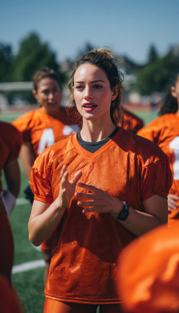 A female trainer with a stopwatch instructs athletes in orange jerseys on a sunny football field, capturing a motivational sports documentary vibe with wide framing.の素材