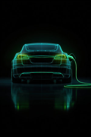 Cinematic digital concept art of a futuristic eco-friendly car charging in darkness. The image features a glowing contour design and clean symmetry, highlighting innovation and sustainability.の素材