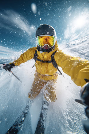 A skier in a yellow jacket captures a selfie while descending a snowy slope. Sparkling snow particles and a clear blue sky create a cinematic outdoor sports scene with natural lighting.の素材