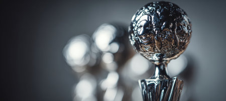 Macro shot of a trophy's reflective surface showing joyful faces, capturing an artistic and emotional sports concept with shallow focus. Highlights the essence of victory and celebration.の素材