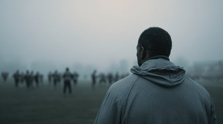 An African-American coach in a gray tracksuit watches his team practice on a foggy morning field. The image captures a documentary sports style with muted tones and soft focus.の素材