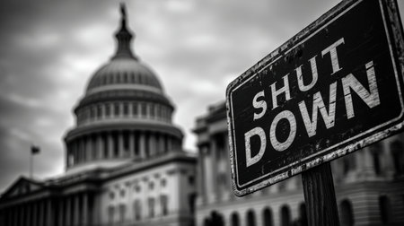 A "SHUT DOWN" sign is sharply focused in the foreground, with the U.S. Capitol dome blurred in the background, symbolizing political gridlock under dramatic overcast lighting.の素材
