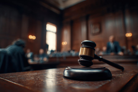 Cinematic image of a courtroom with a focus on a gavel resting on the judge's bench. The background features a blurred attorney, enhancing the scene's realism.の素材