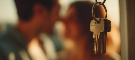Close-up image of shiny house keys with a smiling couple in the background. The warm color palette and cinematic focus create a lifestyle real estate tone, symbolizing new beginnings.の素材