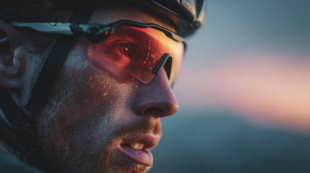 Close-up of a professional cyclist wearing sunglasses and aerodynamic gear, set against a mountain landscape. Captured in cinematic adventure style with soft evening tones.の素材
